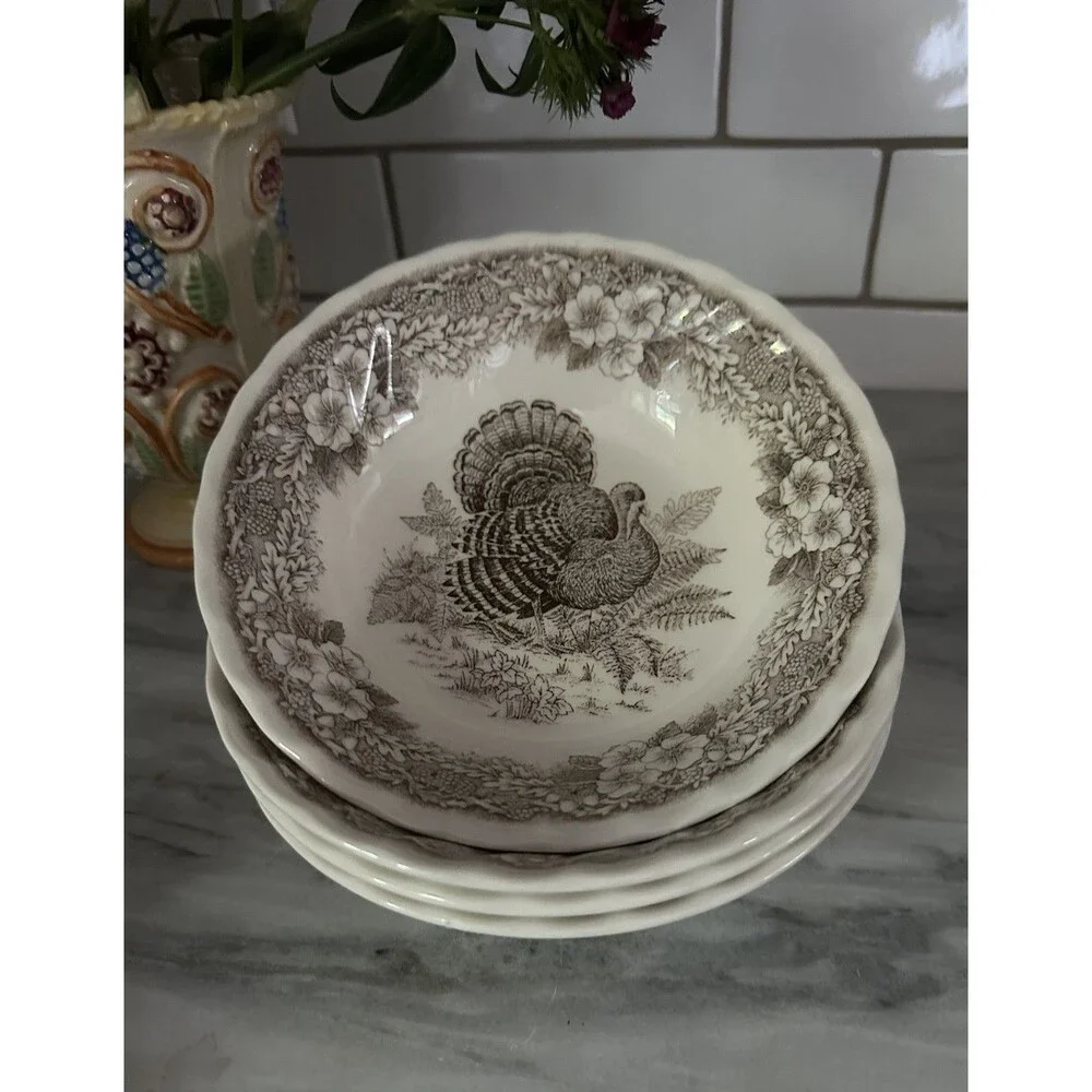 4 Queen’s Myott Thanksgiving Turkey cereal / soup bowls Myott factory Archive